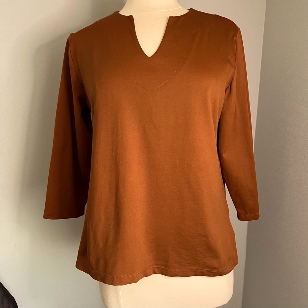 Chico’s Size 2 (L/12) Brown V-Neck 3/4 Sleeve Blouse Top Shirt